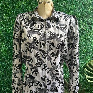 1980s Golden Gate Black-and-White Printed Long Sleeve Blouse